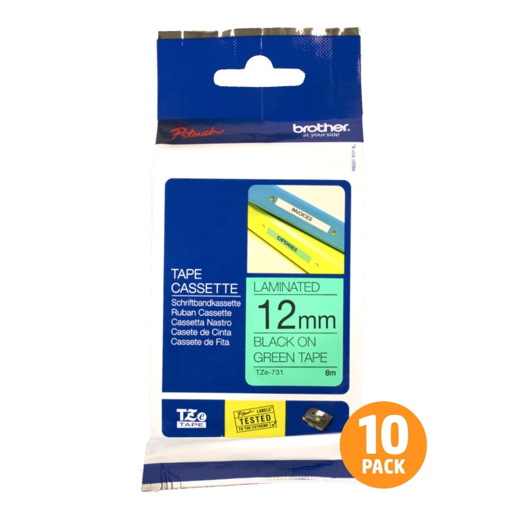 Brother TZe-731 12mm Black Text On Green Tape - 8 metres - 10 PACK Brother TZe-731 12mm Black Text On Green Tape - 8 metres - 10 PACK