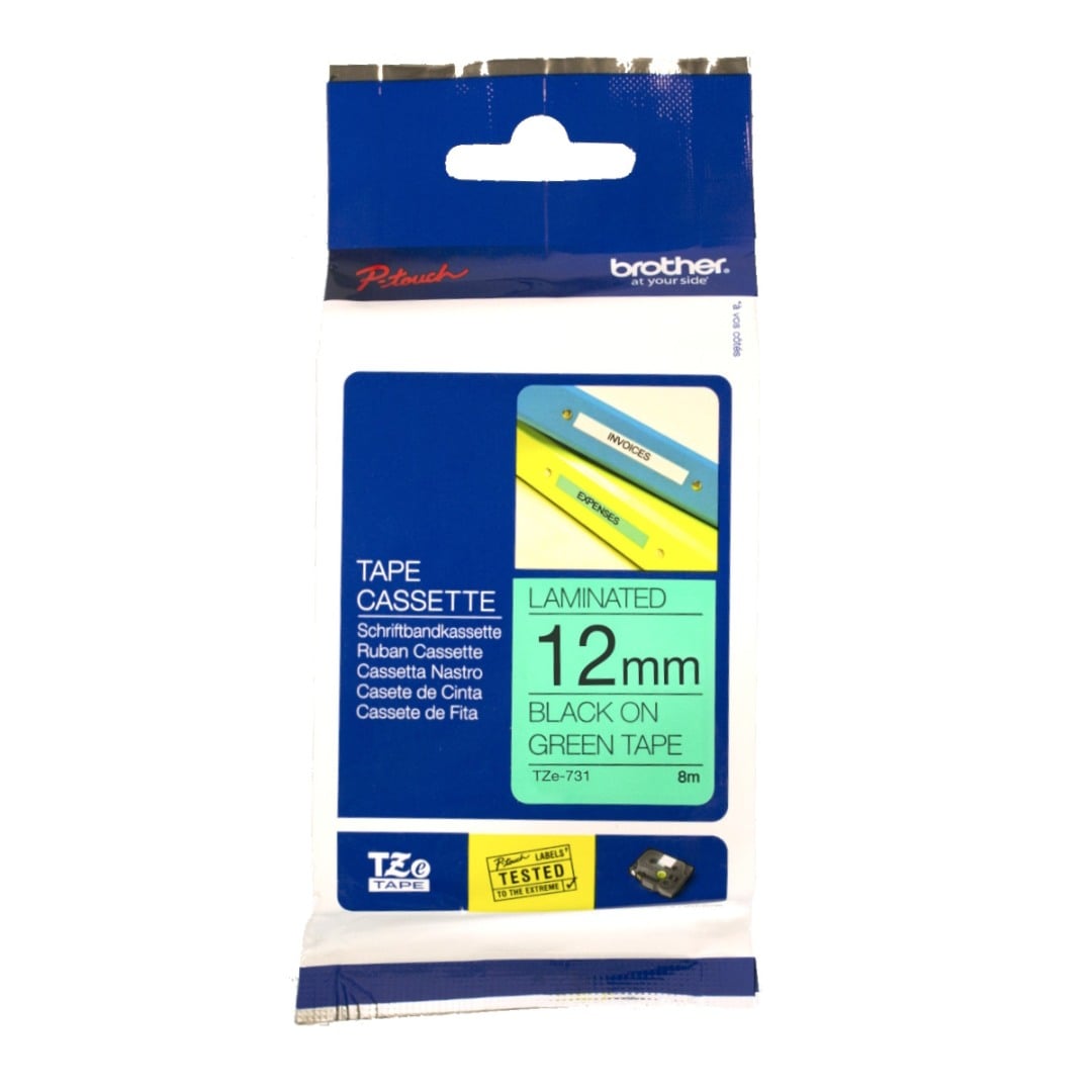 Brother TZe-731 12mm Black Text On Green Tape - 8 metres Brother TZe-731 12mm Black Text On Green Tape - 8 metres