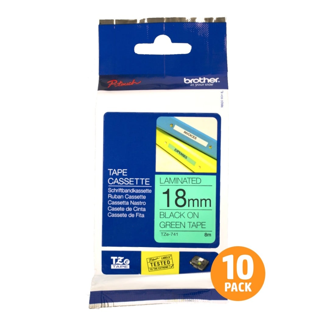 Brother TZe-741 18mm Black Text On Green Tape - 8 metres - 10 PACK Brother TZe-741 18mm Black Text On Green Tape - 8 metres - 10 PACK