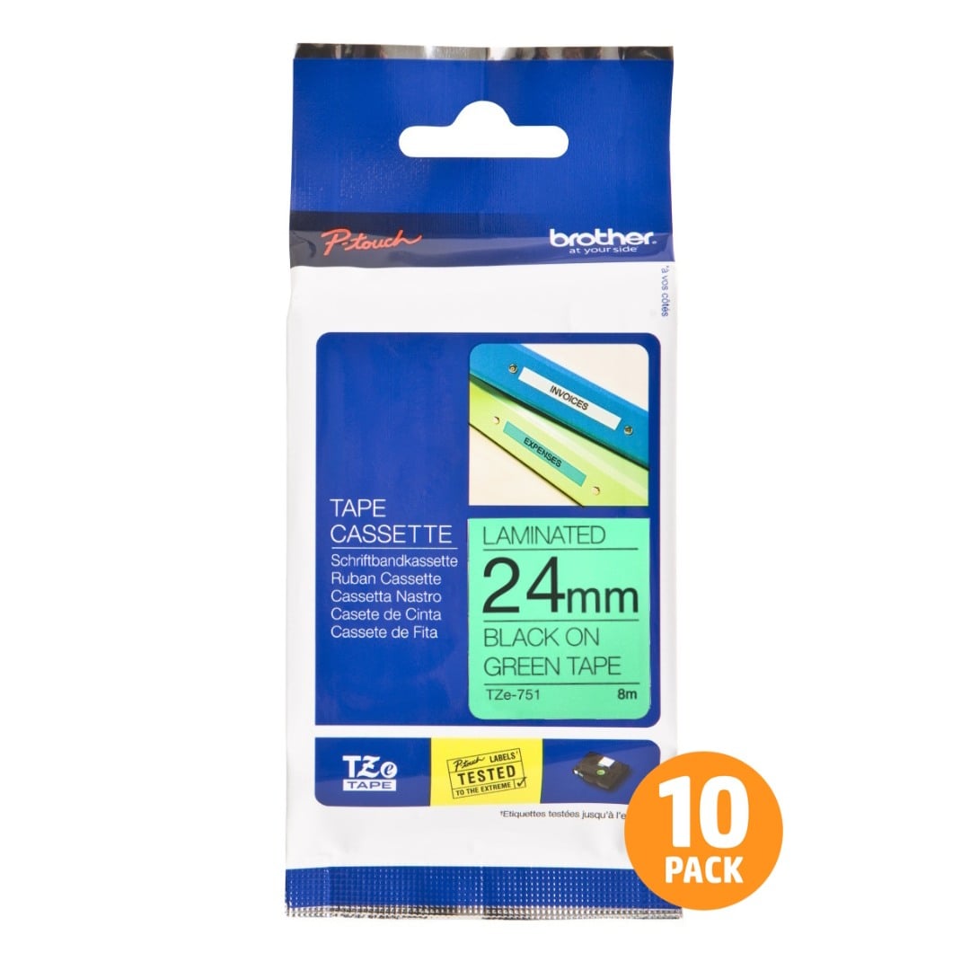 Brother TZe-751 24mm Black Text On Green Tape - 8 metres - 10 PACK Brother TZe-751 24mm Black Text On Green Tape - 8 metres - 10 PACK