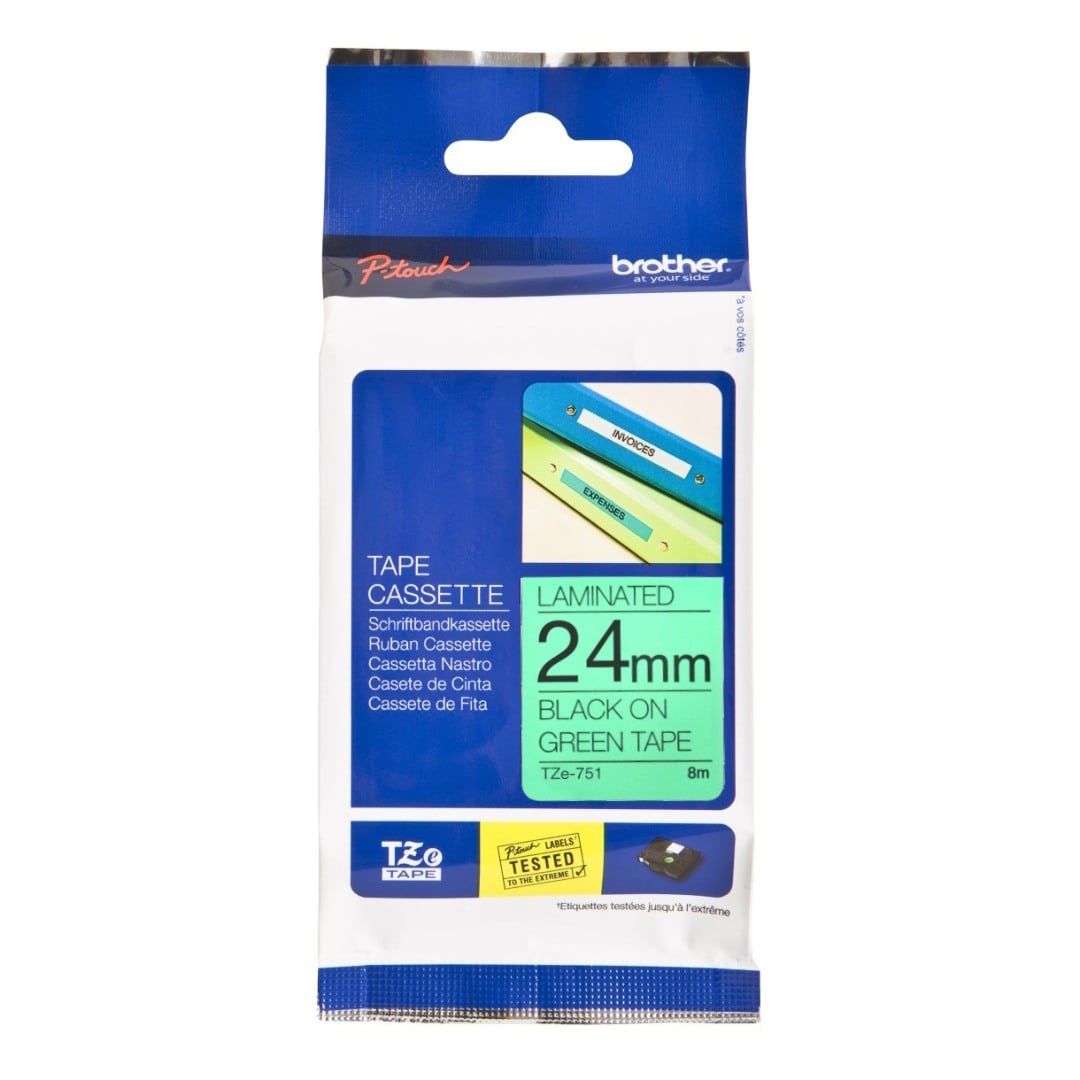 Brother TZe-751 24mm Black Text On Green Tape - 8 metres Brother TZe-751 24mm Black Text On Green Tape - 8 metres