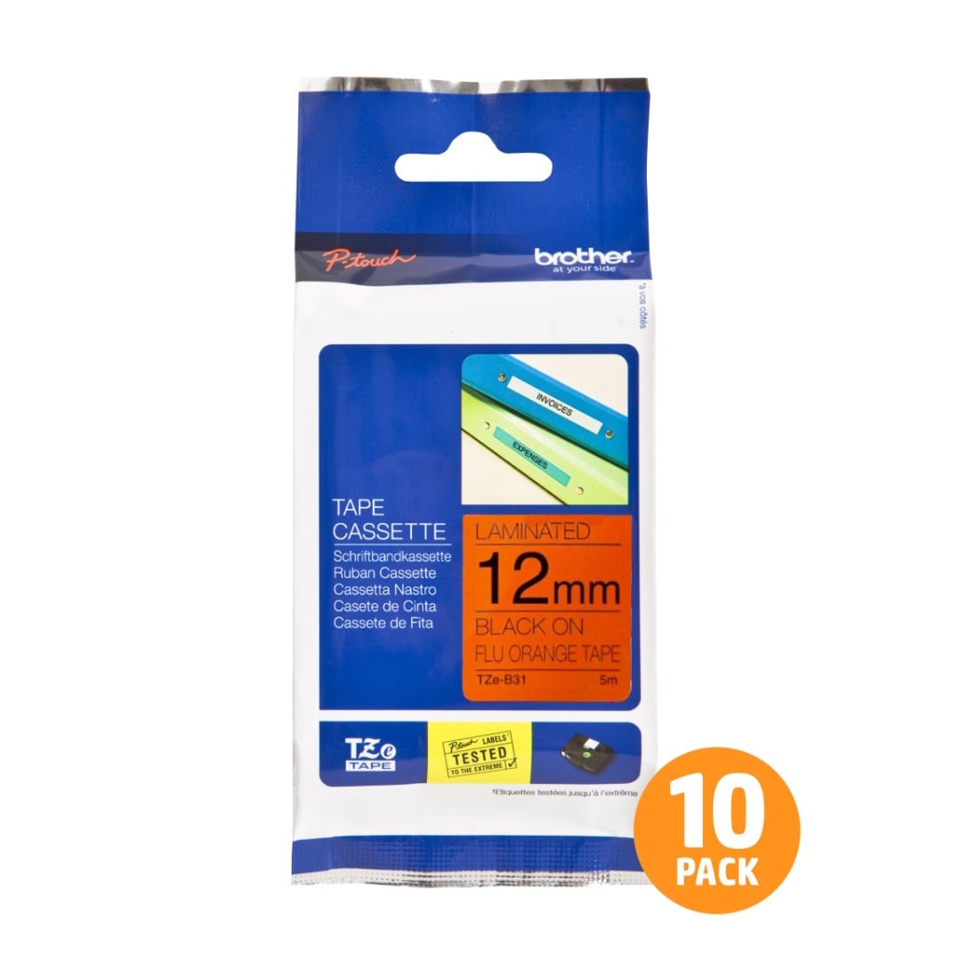 Brother TZe-B31 12mm Black Text On Fluorescent Orange Tape - 5 metres - 10 PACK Brother TZe-B31 12mm Black Text On Fluorescent Orange Tape - 5 metres - 10 PACK