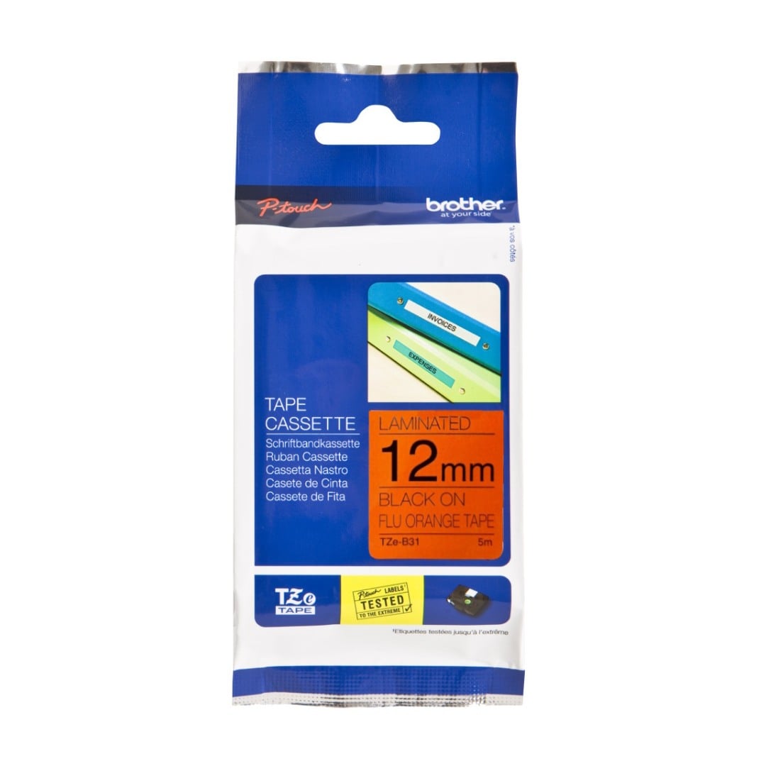 Brother TZe-B31 12mm Black Text On Fluorescent Orange Tape - 5 metres Brother TZe-B31 12mm Black Text On Fluorescent Orange Tape - 5 metres