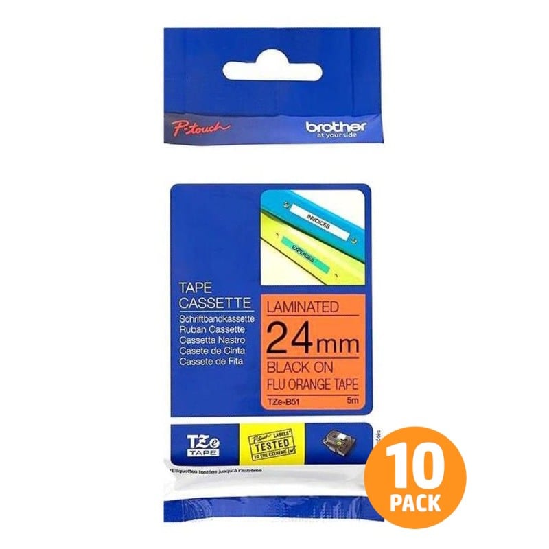 Brother TZe-B51 24mm Black Text On Fluorescent Orange Tape - 5 metres - 10 PACK Brother TZe-B51 24mm Black Text On Fluorescent Orange Tape - 5 metres - 10 PACK