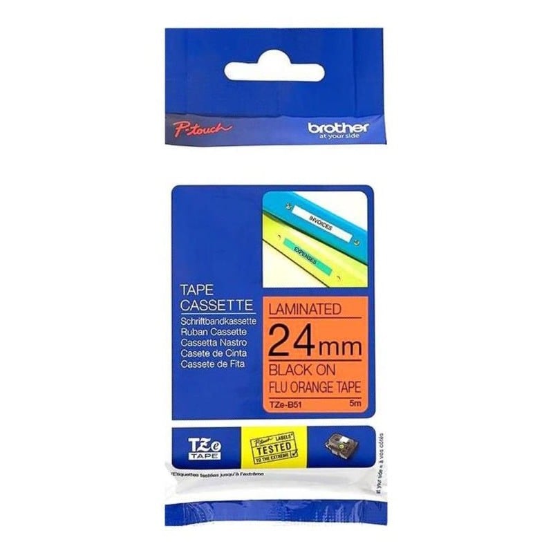 Brother TZe-B51 24mm Black Text On Fluorescent Orange Tape - 5 metres Brother TZe-B51 24mm Black Text On Fluorescent Orange Tape - 5 metres