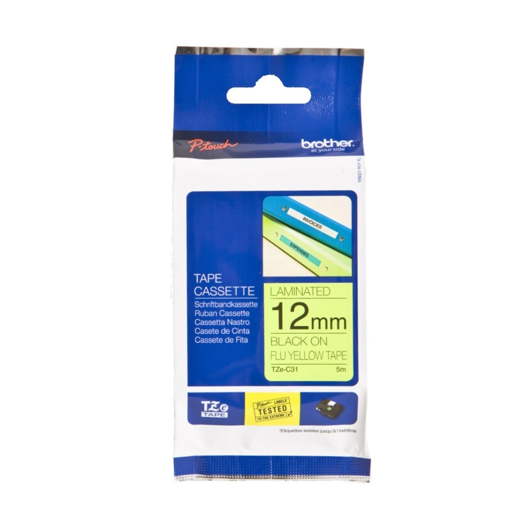 Brother TZe-C31 12mm Black Text On Fluorescent Yellow Tape - 5 metres Brother TZe-C31 12mm Black Text On Fluorescent Yellow Tape - 5 metres
