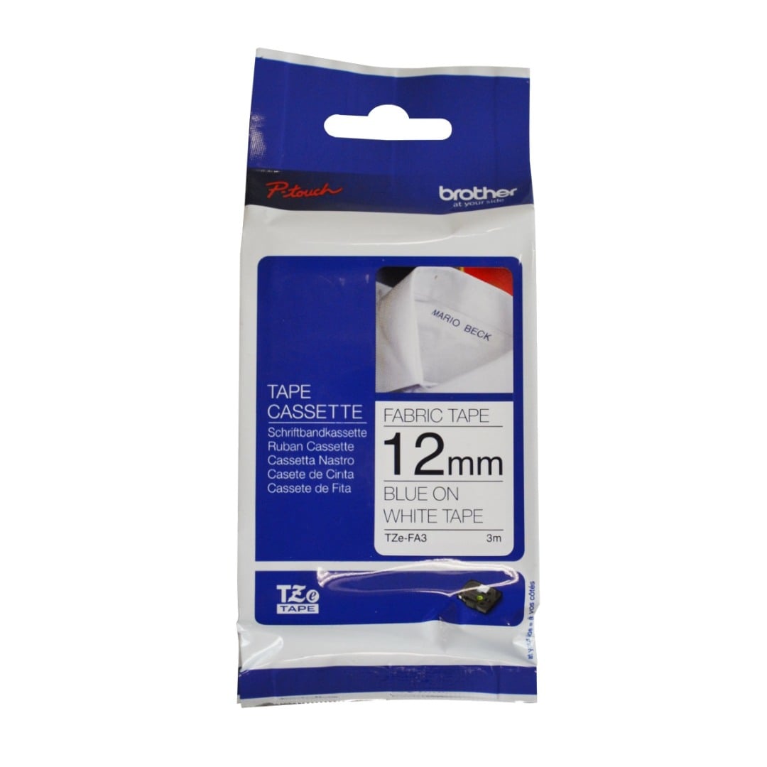 Brother TZe-FA3 12mm Blue Text On White Iron on Fabric Tape - 3 metres Brother TZe-FA3 12mm Blue Text On White Iron on Fabric Tape - 3 metres