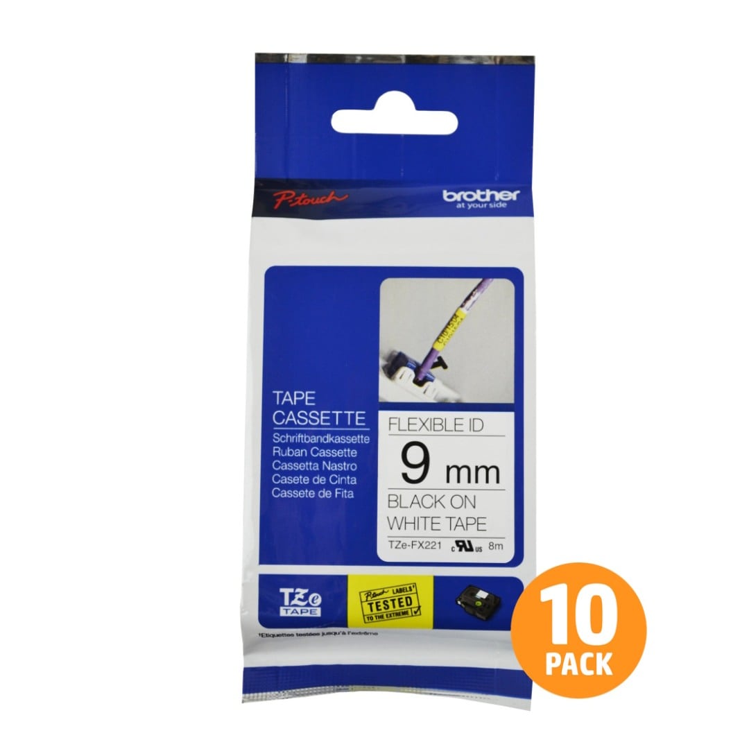 Brother TZe-FX221 9mm Black Text On White Flexible ID Tape - 8 metres - 10 PACK Brother TZe-FX221 9mm Black Text On White Flexible ID Tape - 8 metres - 10 PACK