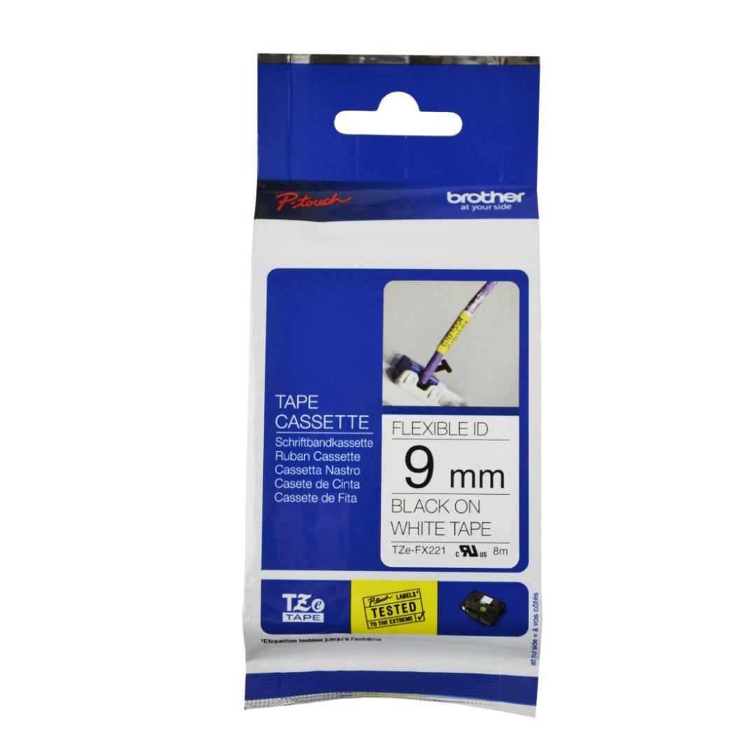 Brother TZe-FX221 9mm Black Text On White Flexible ID Tape - 8 metres Brother TZe-FX221 9mm Black Text On White Flexible ID Tape - 8 metres