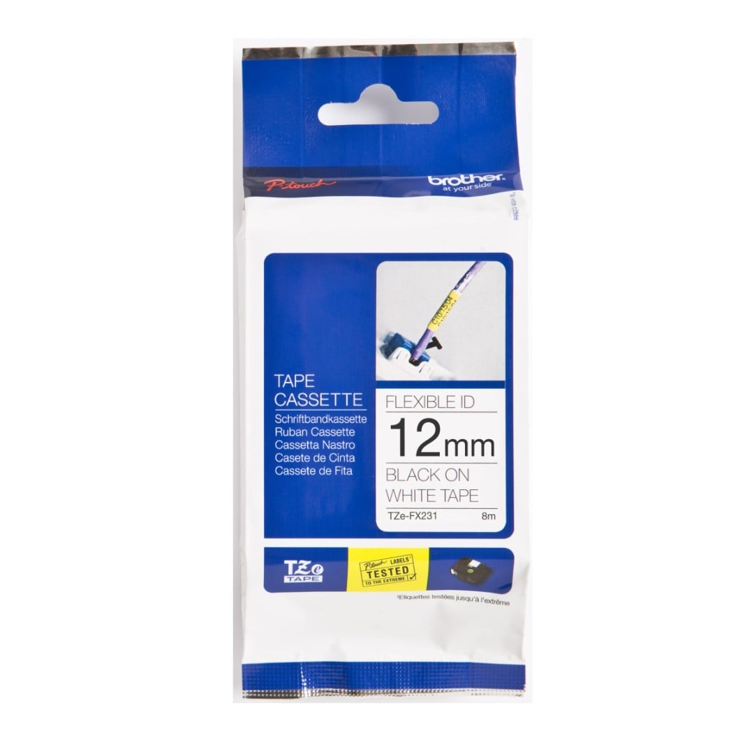 Brother TZe-FX231 12mm Black Text On White Flexible ID Tape - 8 metres Brother TZe-FX231 12mm Black Text On White Flexible ID Tape - 8 metres