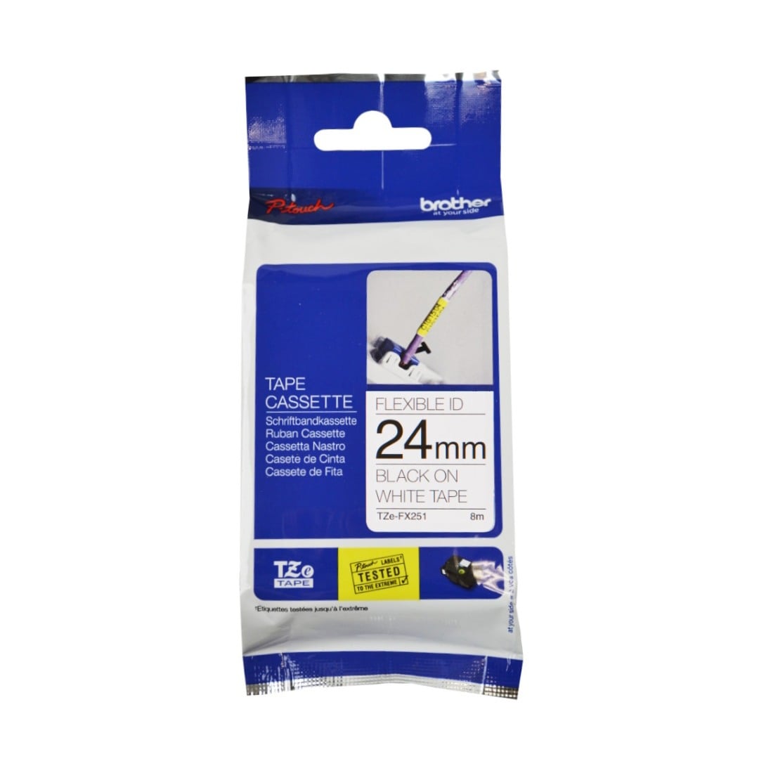 Brother TZe-FX251 24mm Black Text On White Flexible ID Tape - 8 metres Brother TZe-FX251 24mm Black Text On White Flexible ID Tape - 8 metres