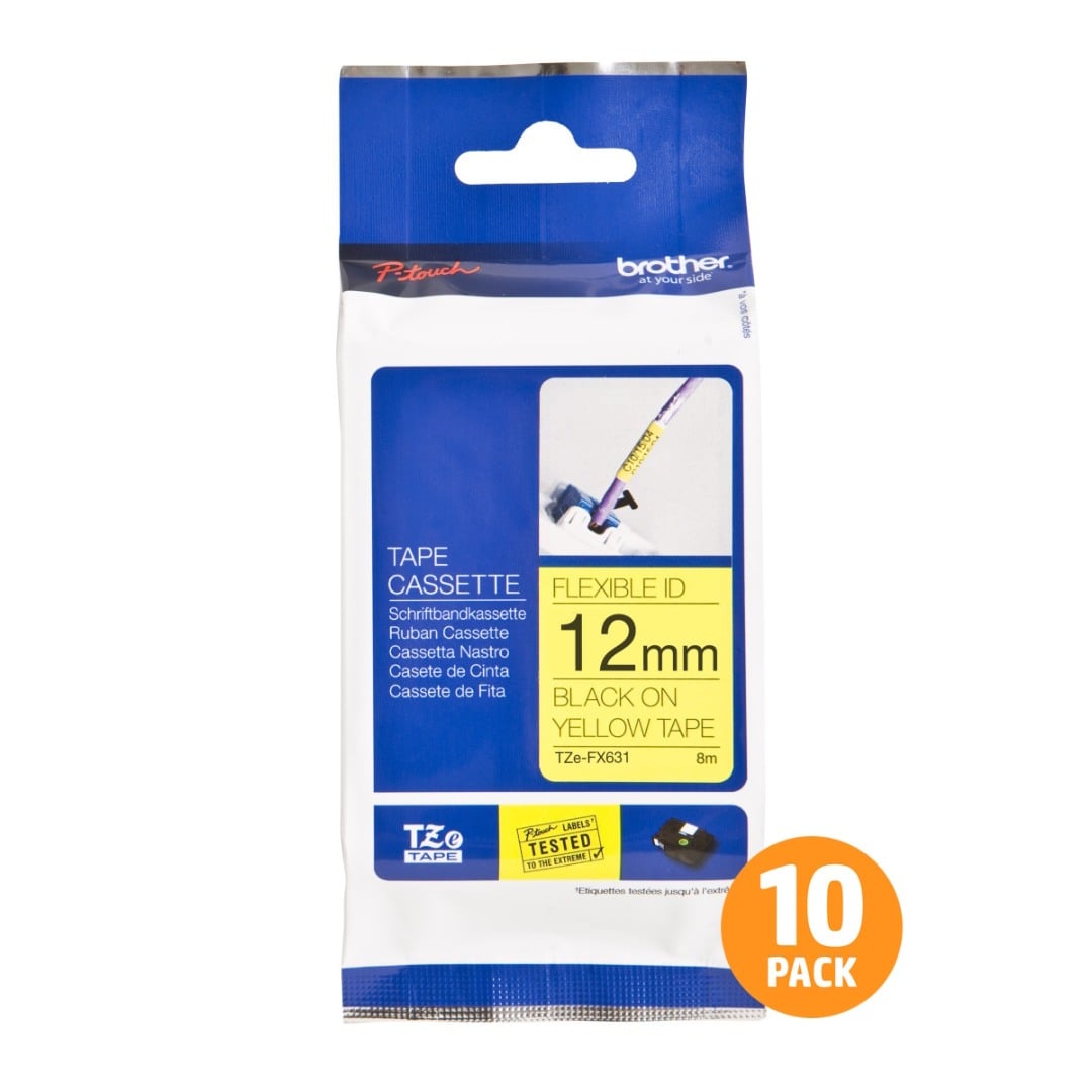Brother TZe-FX631 12mm Black Text On Yellow Flexible ID Tape - 8 metres - 10 PACK Brother TZe-FX631 12mm Black Text On Yellow Flexible ID Tape - 8 metres - 10 PACK