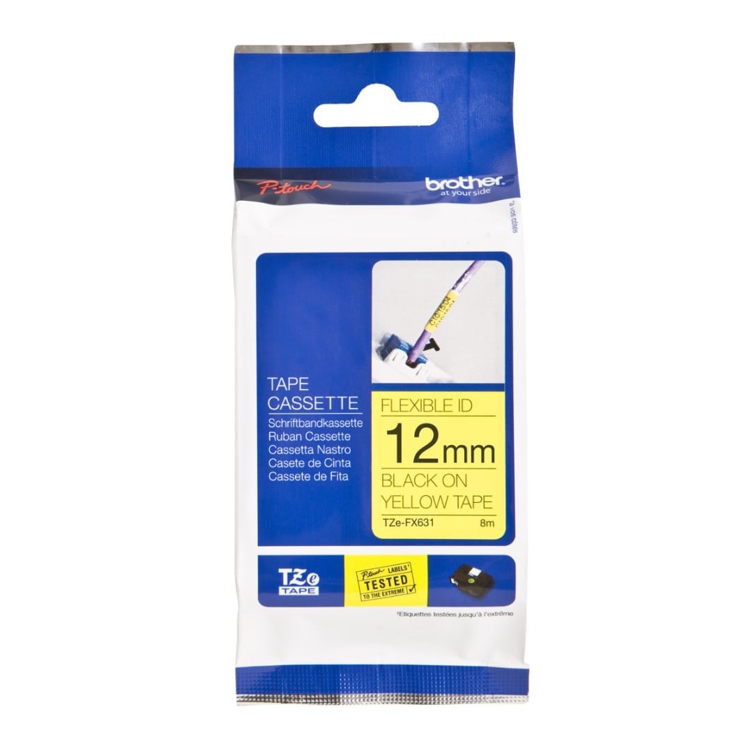 Brother TZe-FX631 12mm Black Text On Yellow Flexible ID Tape - 8 metres Brother TZe-FX631 12mm Black Text On Yellow Flexible ID Tape - 8 metres