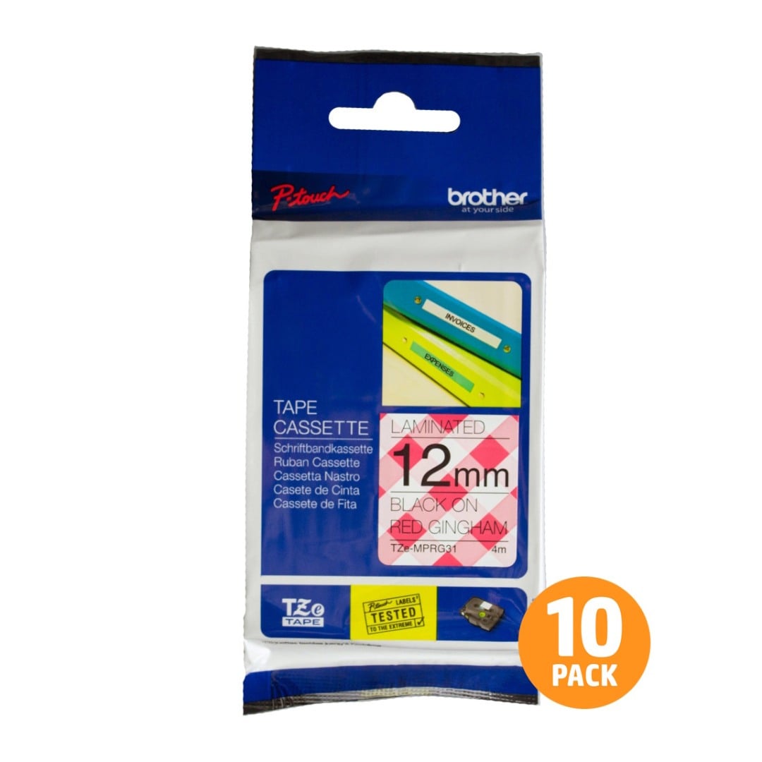 Brother TZe-MPRG31 12mm Black Text On Red Gingham Tape - 4 metres - 10 PACK Brother TZe-MPRG31 12mm Black Text On Red Gingham Tape - 4 metres - 10 PACK