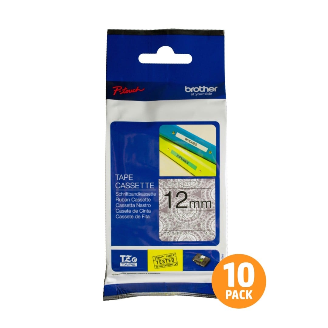 Brother TZe-MPSL31 12mm Black Text On Silver Lace Tape - 4 metres - 10 PACK Brother TZe-MPSL31 12mm Black Text On Silver Lace Tape - 4 metres - 10 PACK