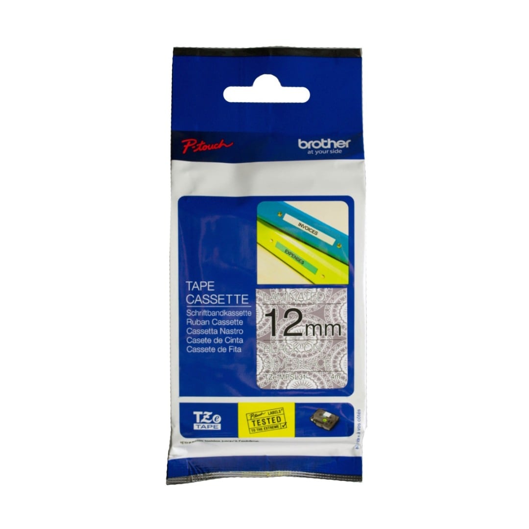 Brother TZe-MPSL31 12mm Black Text On Silver Lace Tape - 4 metres Brother TZe-MPSL31 12mm Black Text On Silver Lace Tape - 4 metres