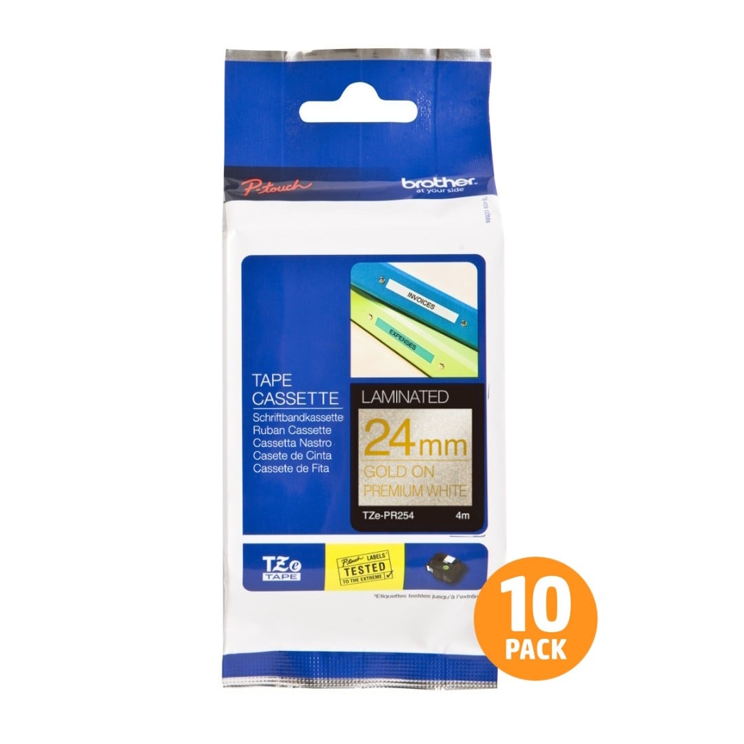 Brother TZe-PR254 24mm Gold Text On White Glitter Tape - 4 metres - 10 PACK Brother TZe-PR254 24mm Gold Text On White Glitter Tape - 4 metres - 10 PACK