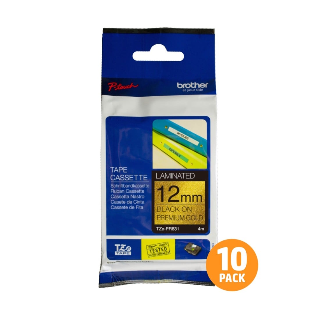 Brother TZe-PR831 12mm Black Text On Gold Glitter Tape - 4 metres - 10 PACK Brother TZe-PR831 12mm Black Text On Gold Glitter Tape - 4 metres - 10 PACK