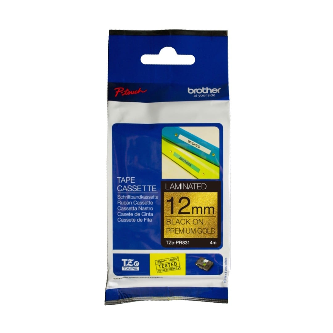 Brother TZe-PR831 12mm Black Text On Gold Glitter Tape - 4 metres Brother TZe-PR831 12mm Black Text On Gold Glitter Tape - 4 metres