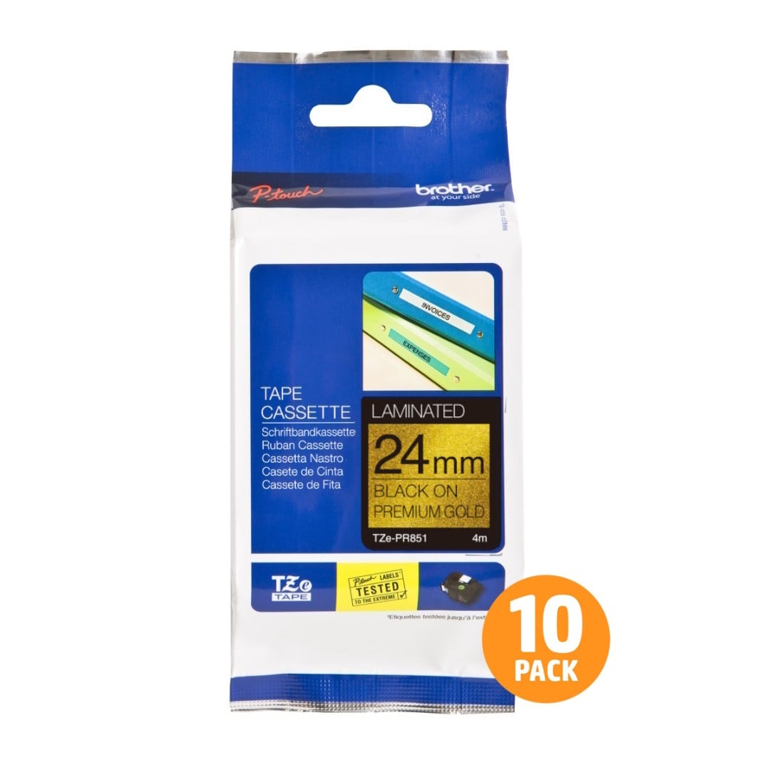 Brother TZe-PR851 24mm Black Text On Gold Glitter Tape - 4 metres - 10 PACK Brother TZe-PR851 24mm Black Text On Gold Glitter Tape - 4 metres - 10 PACK
