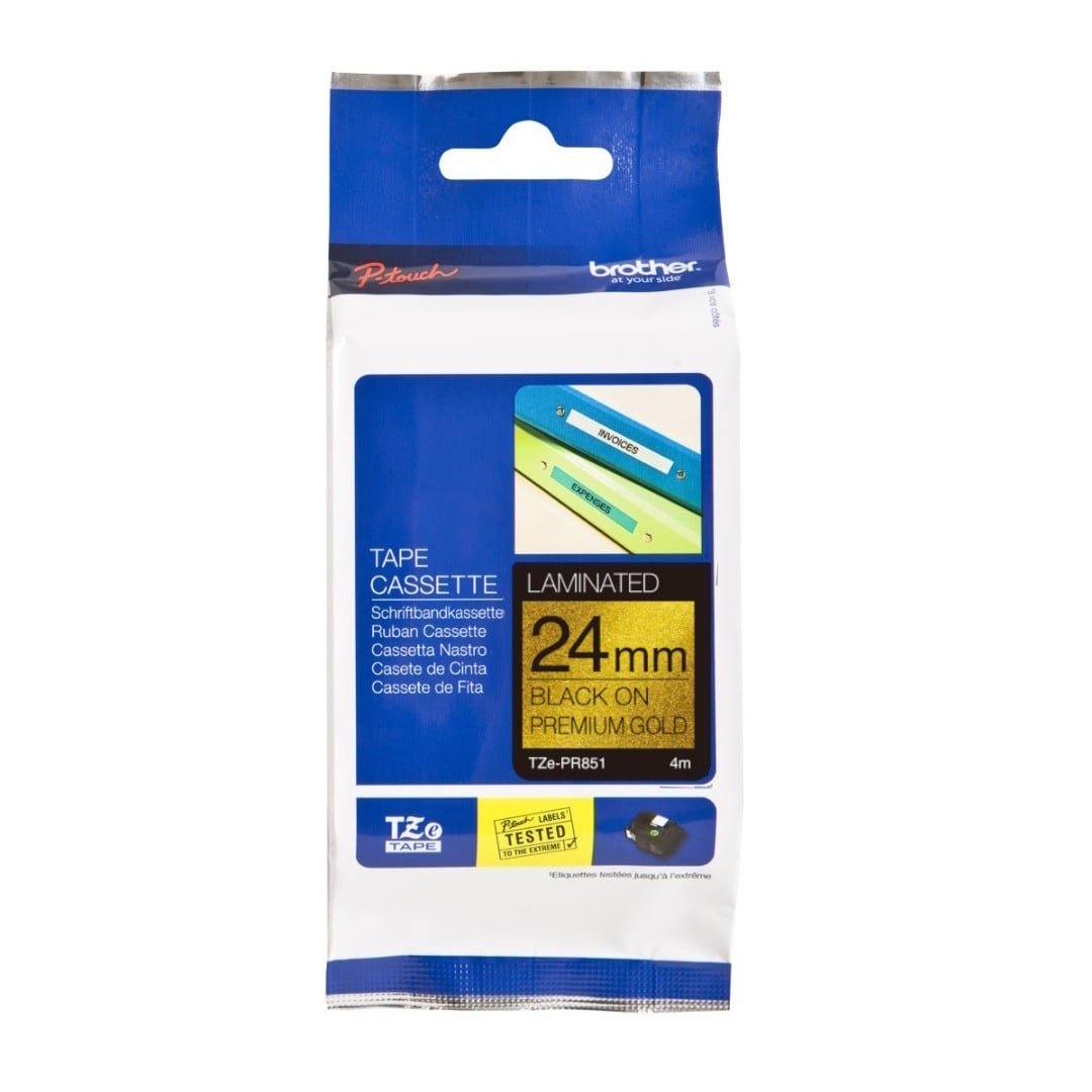 Brother TZe-PR851 24mm Black Text On Gold Glitter Tape - 4 metres Brother TZe-PR851 24mm Black Text On Gold Glitter Tape - 4 metres