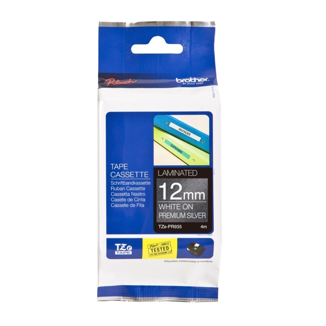 Brother TZe-PR935 12mm White Text On Silver Glitter Tape - 4 metres Brother TZe-PR935 12mm White Text On Silver Glitter Tape - 4 metres