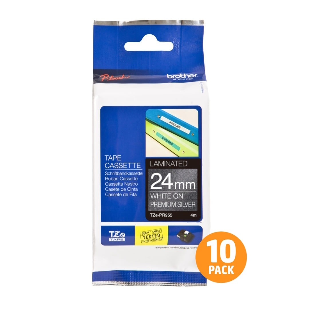 Brother TZe-PR955 24mm White Text On Silver Glitter Tape - 4 metres - 10 PACK Brother TZe-PR955 24mm White Text On Silver Glitter Tape - 4 metres - 10 PACK