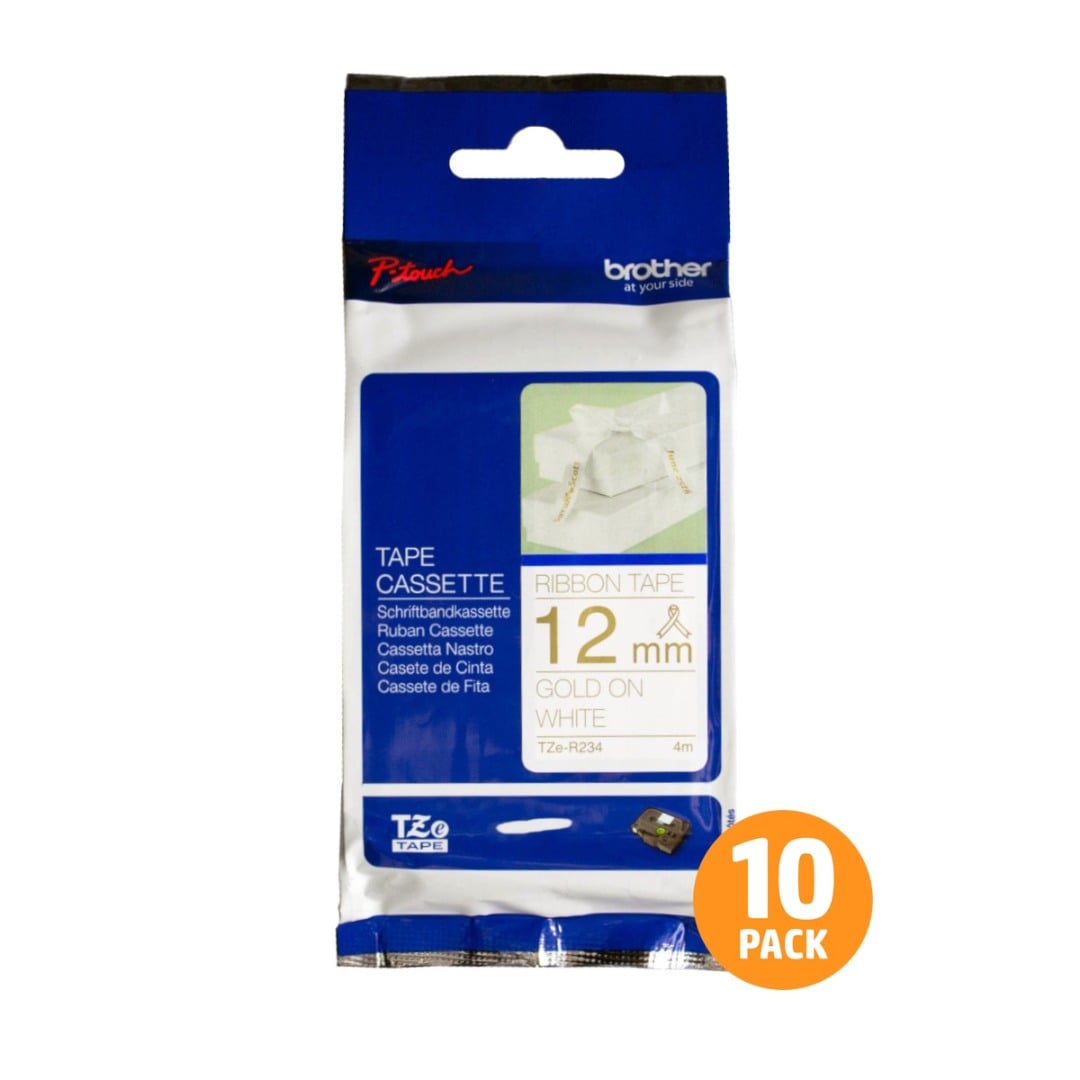 Brother TZe-R234 12mm Gold Text On White Ribbon Tape - 4 metres - 10 PACK Brother TZe-R234 12mm Gold Text On White Ribbon Tape - 4 metres - 10 PACK