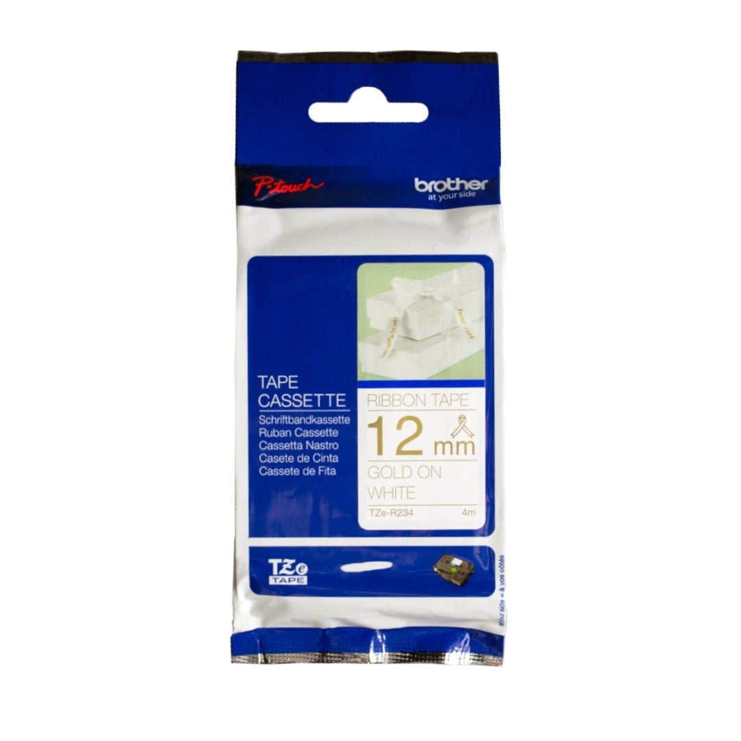 Brother TZe-R234 12mm Gold Text On White Ribbon Tape - 4 metres Brother TZe-R234 12mm Gold Text On White Ribbon Tape - 4 metres