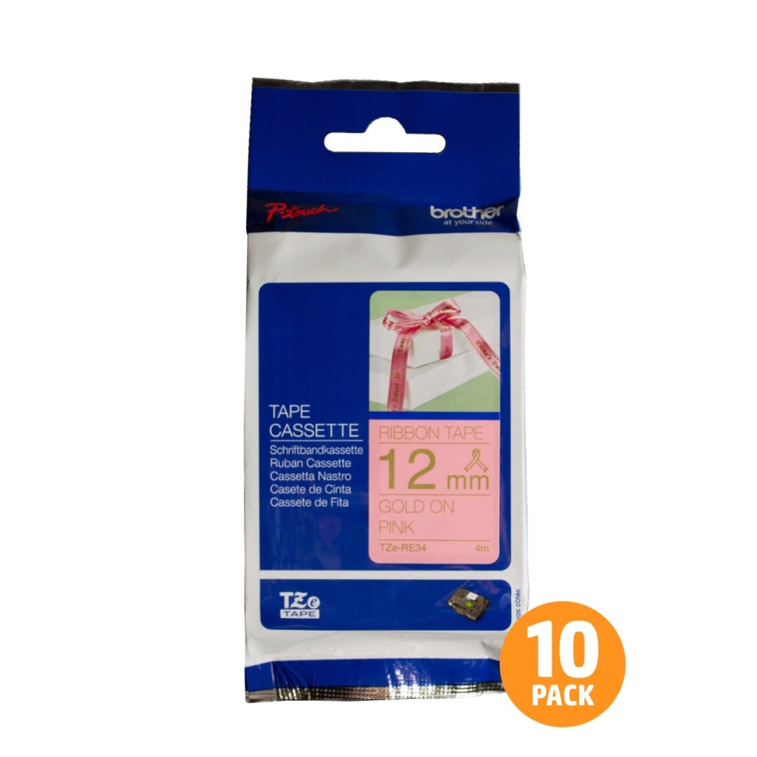 Brother TZe-RE34 12mm Gold Text On Pink Ribbon Tape - 4 metres - 10 PACK Brother TZe-RE34 12mm Gold Text On Pink Ribbon Tape - 4 metres - 10 PACK