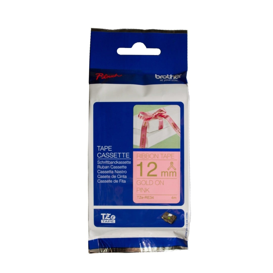 Brother TZe-RE34 12mm Gold Text On Pink Ribbon Tape - 4 metres Brother TZe-RE34 12mm Gold Text On Pink Ribbon Tape - 4 metres