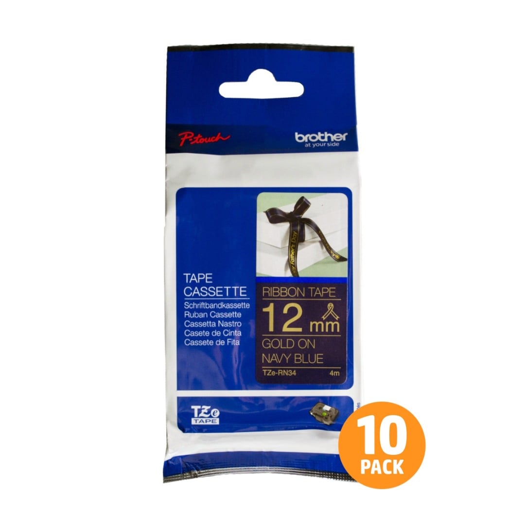 Brother TZe-RN34 12mm Gold Text On Navy Blue Ribbon Tape - 4 metres - 10 PACK Brother TZe-RN34 12mm Gold Text On Navy Blue Ribbon Tape - 4 metres - 10 PACK