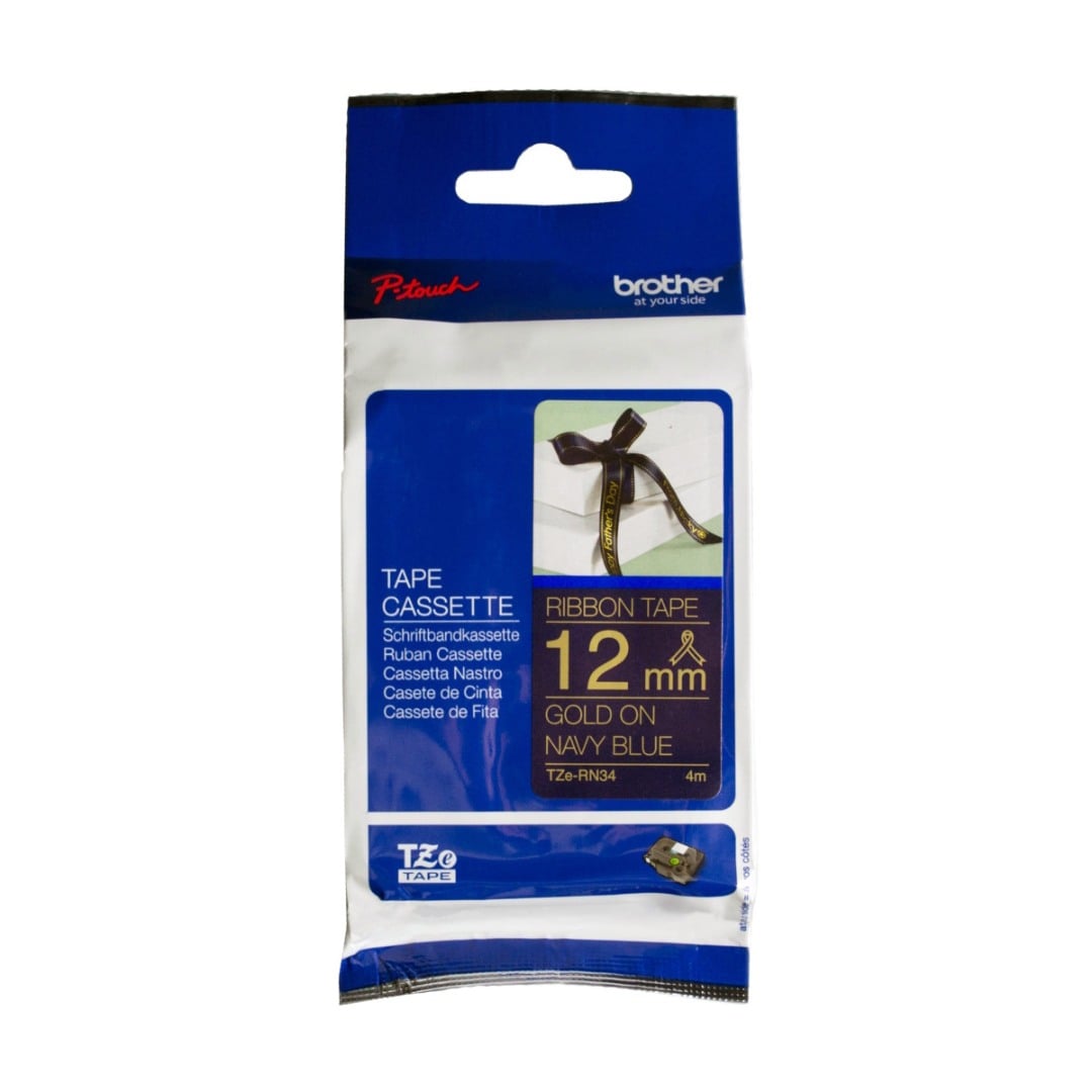 Brother TZe-RN34 12mm Gold Text On Navy Blue Ribbon Tape - 4 metres Brother TZe-RN34 12mm Gold Text On Navy Blue Ribbon Tape - 4 metres
