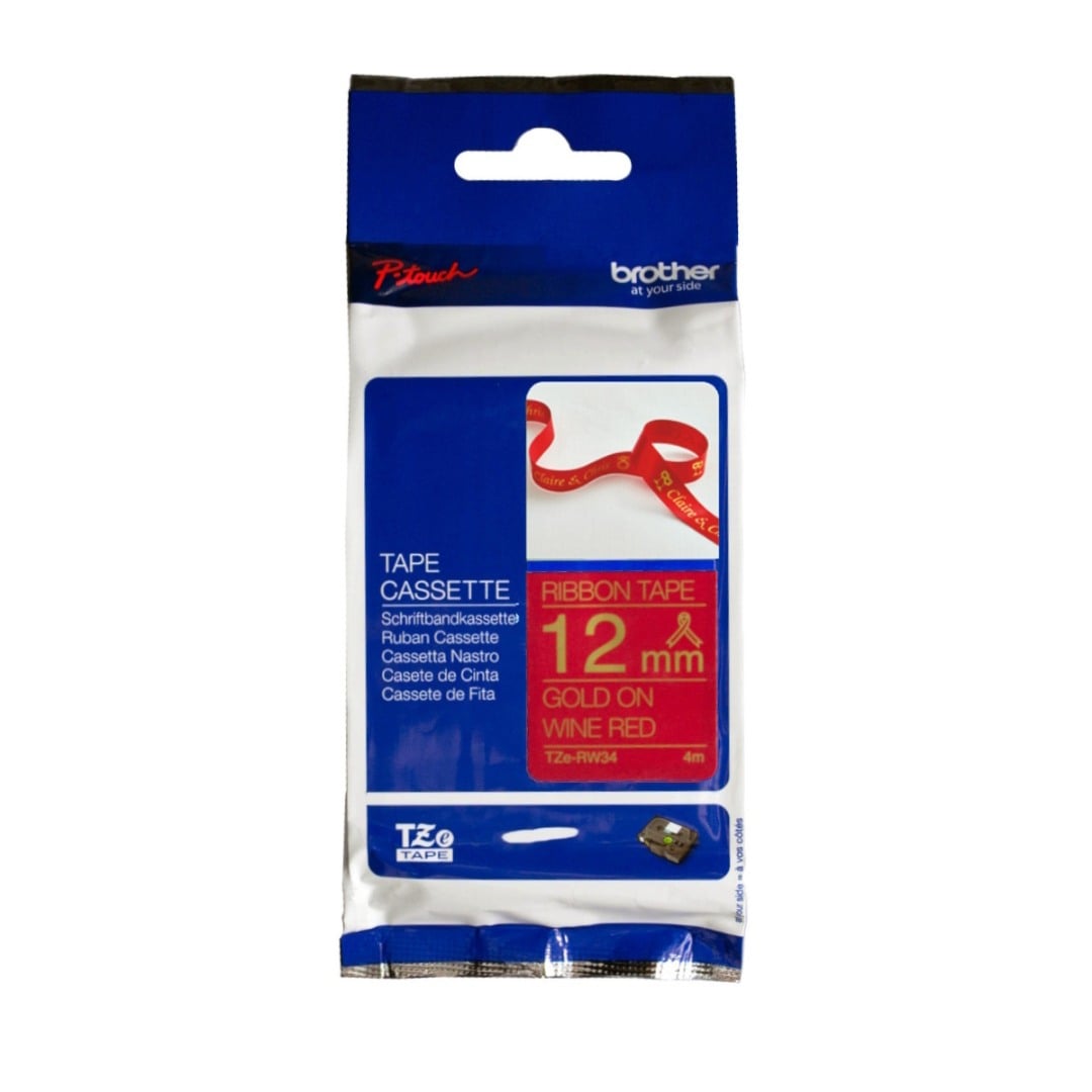 Brother TZe-RW34 12mm Gold Text On Wine Red Ribbon Tape - 4 metres Brother TZe-RW34 12mm Gold Text On Wine Red Ribbon Tape - 4 metres