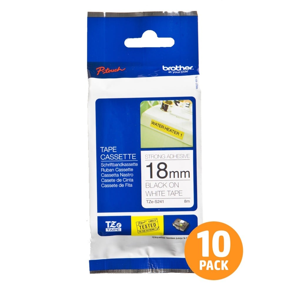 Brother TZe-S241 18mm Black Text On White Tape Strong Adhesive - 8 metres - 10 PACK Brother TZe-S241 18mm Black Text On White Tape Strong Adhesive - 8 metres - 10 PACK