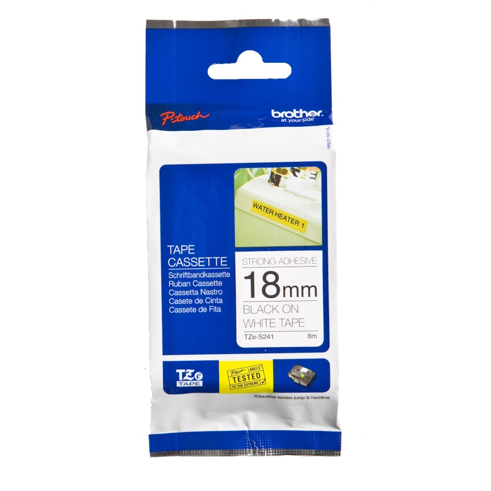 Brother TZe-S241 18mm Black Text On White Tape Strong Adhesive - 8 metres Brother TZe-S241 18mm Black Text On White Tape Strong Adhesive - 8 metres