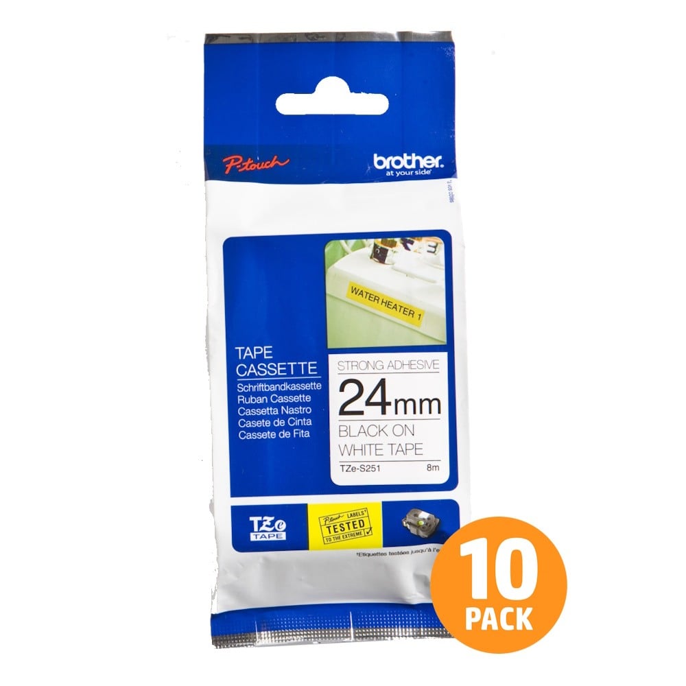Brother TZe-S251 24mm Black Text On White Tape Strong Adhesive - 8 metres - 10 PACK Brother TZe-S251 24mm Black Text On White Tape Strong Adhesive - 8 metres - 10 PACK