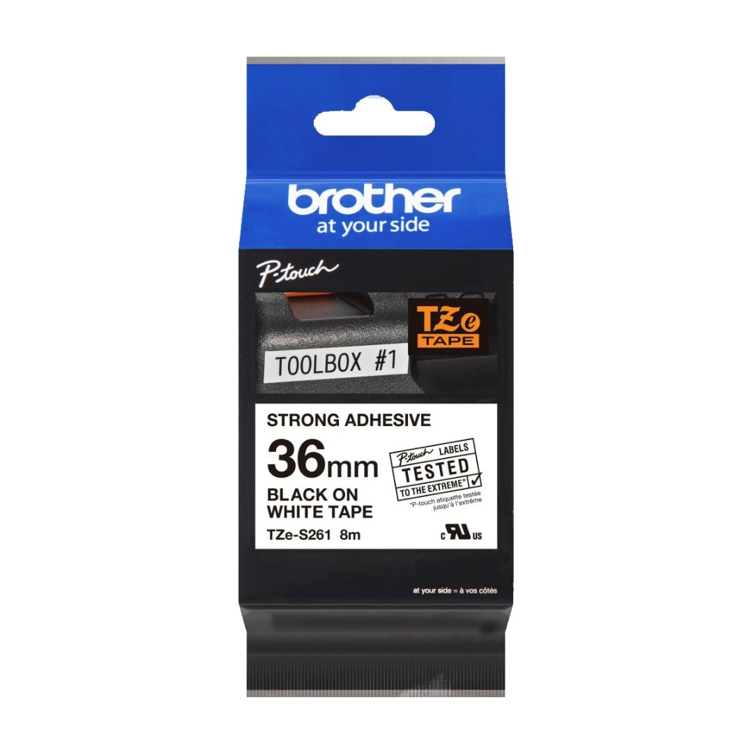 Brother TZe-S261 36mm Black Text On White Tape Strong Adhesive - 8 metres Brother TZe-S261 36mm Black Text On White Tape Strong Adhesive - 8 metres