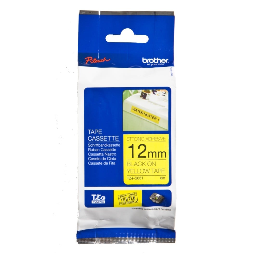 Brother TZe-S631 12mm Black Text On Yellow Tape Strong Adhesive - 8 metres Brother TZe-S631 12mm Black Text On Yellow Tape Strong Adhesive - 8 metres