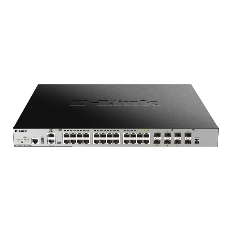 D-Link 28-Port Layer 3 Stackable Gigabit PoE Switch with 4 10GbE Ports D-Link 28-Port Layer 3 Stackable Gigabit PoE Switch with 4 10GbE Ports