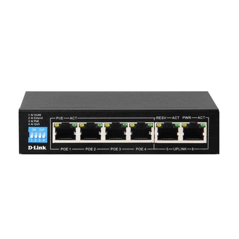 D-Link 6-Port Gigabit PoE Switch with 4 Long Reach PoE Ports and 2 Uplink Ports D-Link 6-Port Gigabit PoE Switch with 4 Long Reach PoE Ports and 2 Uplink Ports