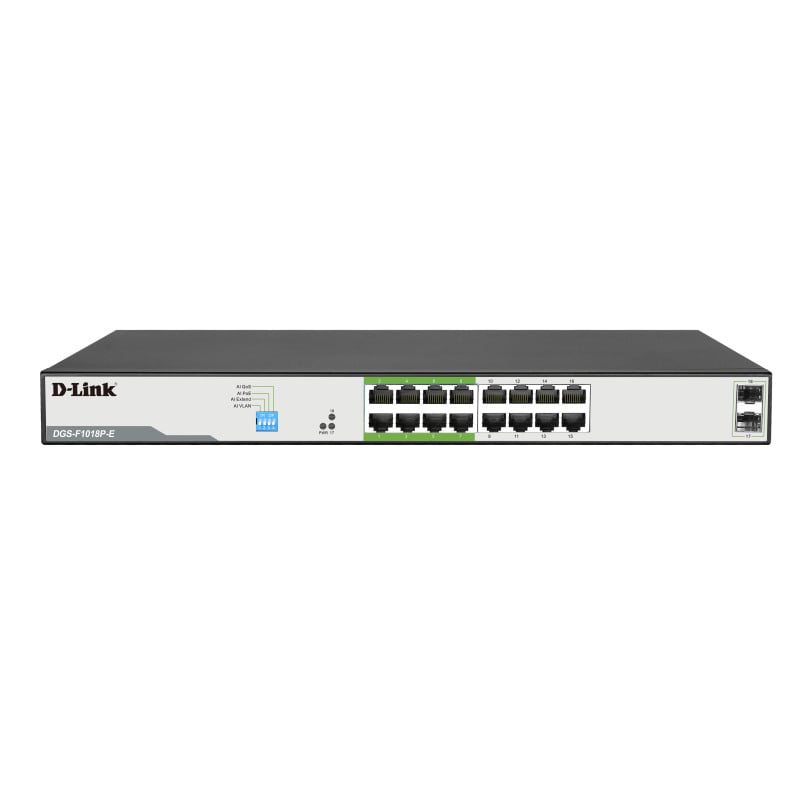 D-Link 18-Port Gigabit PoE Switch with 16 PoE+ Ports and 2 SFP Uplinks D-Link 18-Port Gigabit PoE Switch with 16 PoE+ Ports and 2 SFP Uplinks