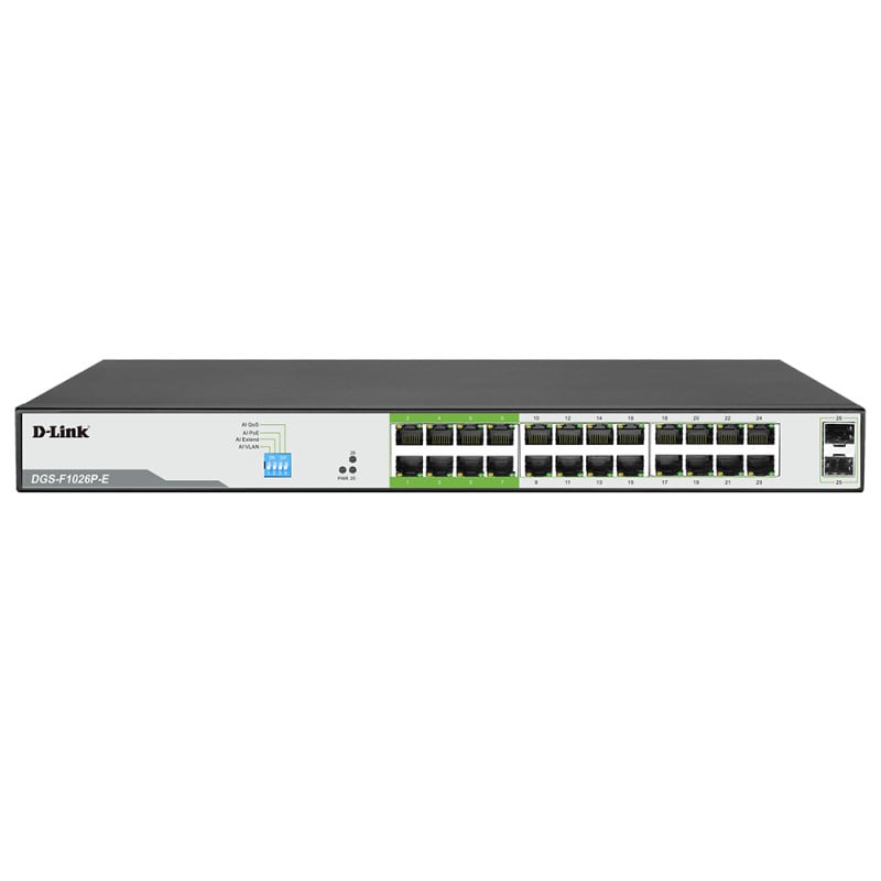 D-Link 26-Port Gigabit PoE Switch with 24 PoE+ Ports and 2 SFP Uplinks D-Link 26-Port Gigabit PoE Switch with 24 PoE+ Ports and 2 SFP Uplinks