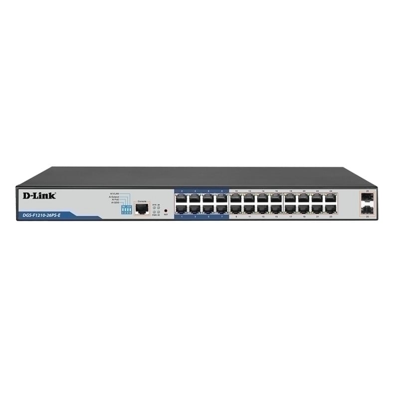 D-Link 26-Port Gigabit Smart Managed PoE+ Switch with 24 PoE+ Ports (8 Long Reach) + 2 SFP Ports. PoE budget 230W D-Link 26-Port Gigabit Smart Managed PoE+ Switch with 24 PoE+ Ports (8 Long Reach) + 2 SFP Ports. PoE budget 230W