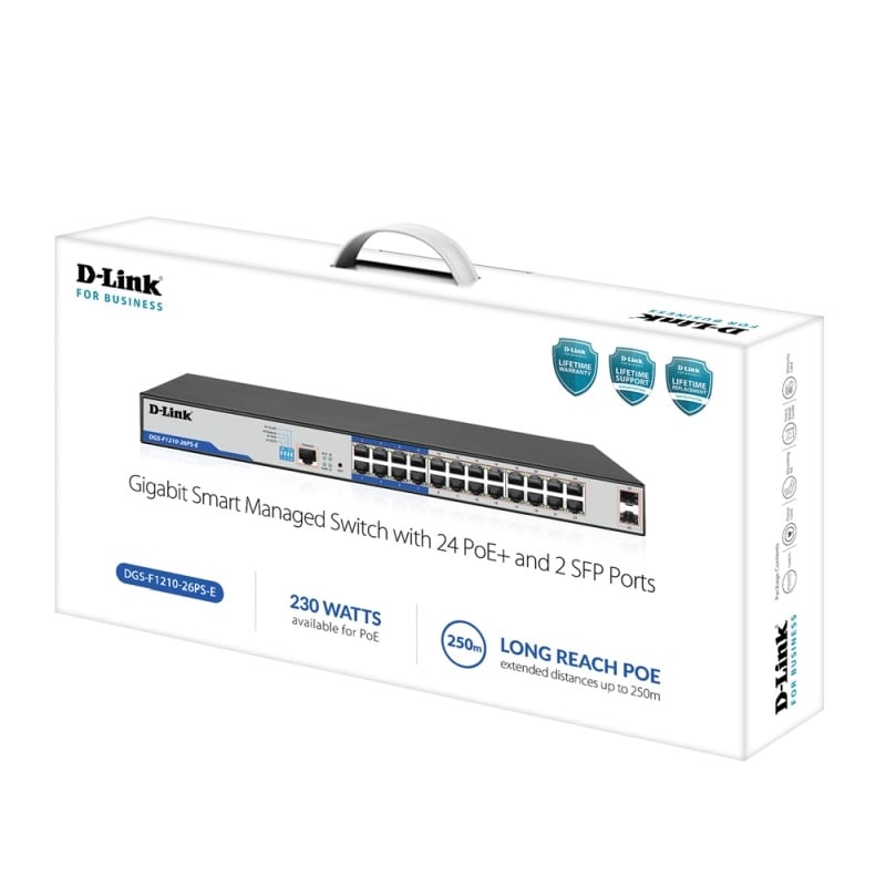 D-Link 26-Port Gigabit Smart Managed PoE+ Switch with 24 PoE+ Ports (8 Long Reach) + 2 SFP Ports. PoE budget 230W