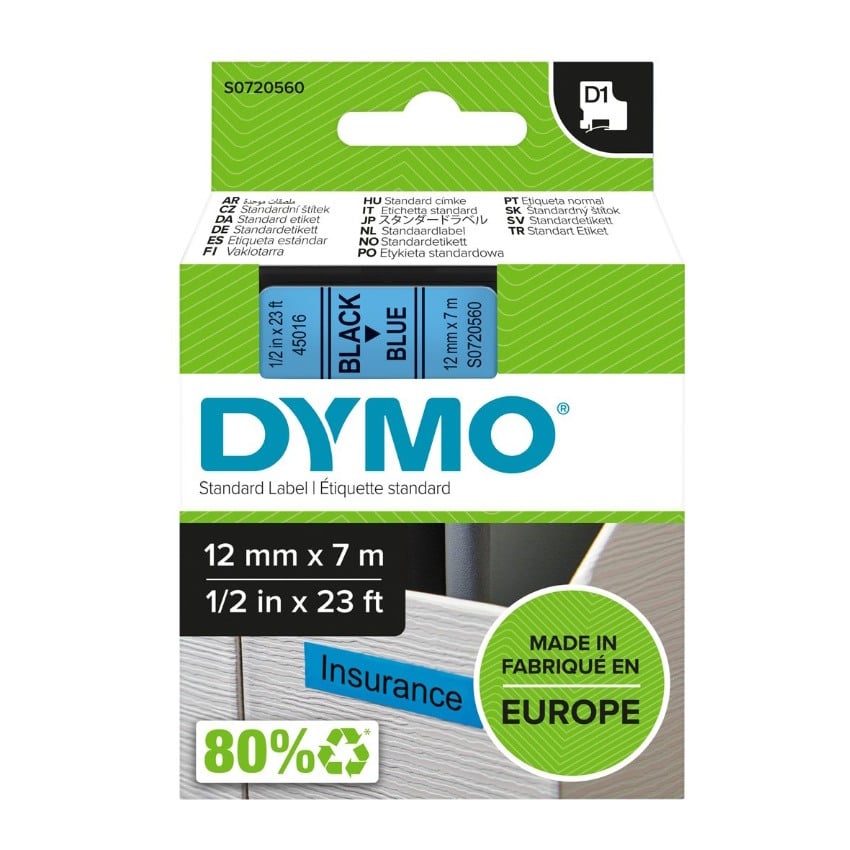 Dymo D1 Label - Black on Blue - 12mm x 7m - S0720560 / SD45016