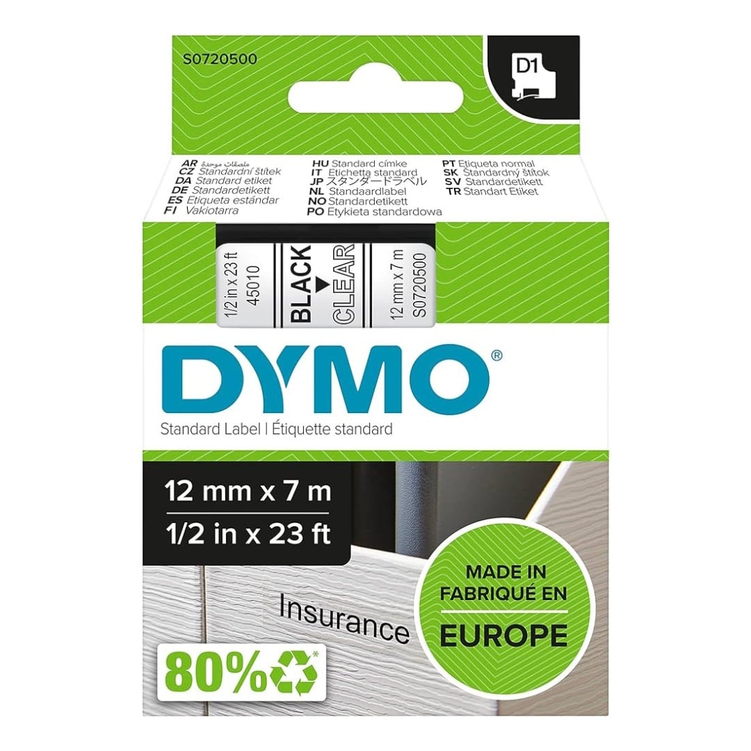 Dymo D1 Label - Black on Clear - 12mm x 7m - S0720500 / SD45010