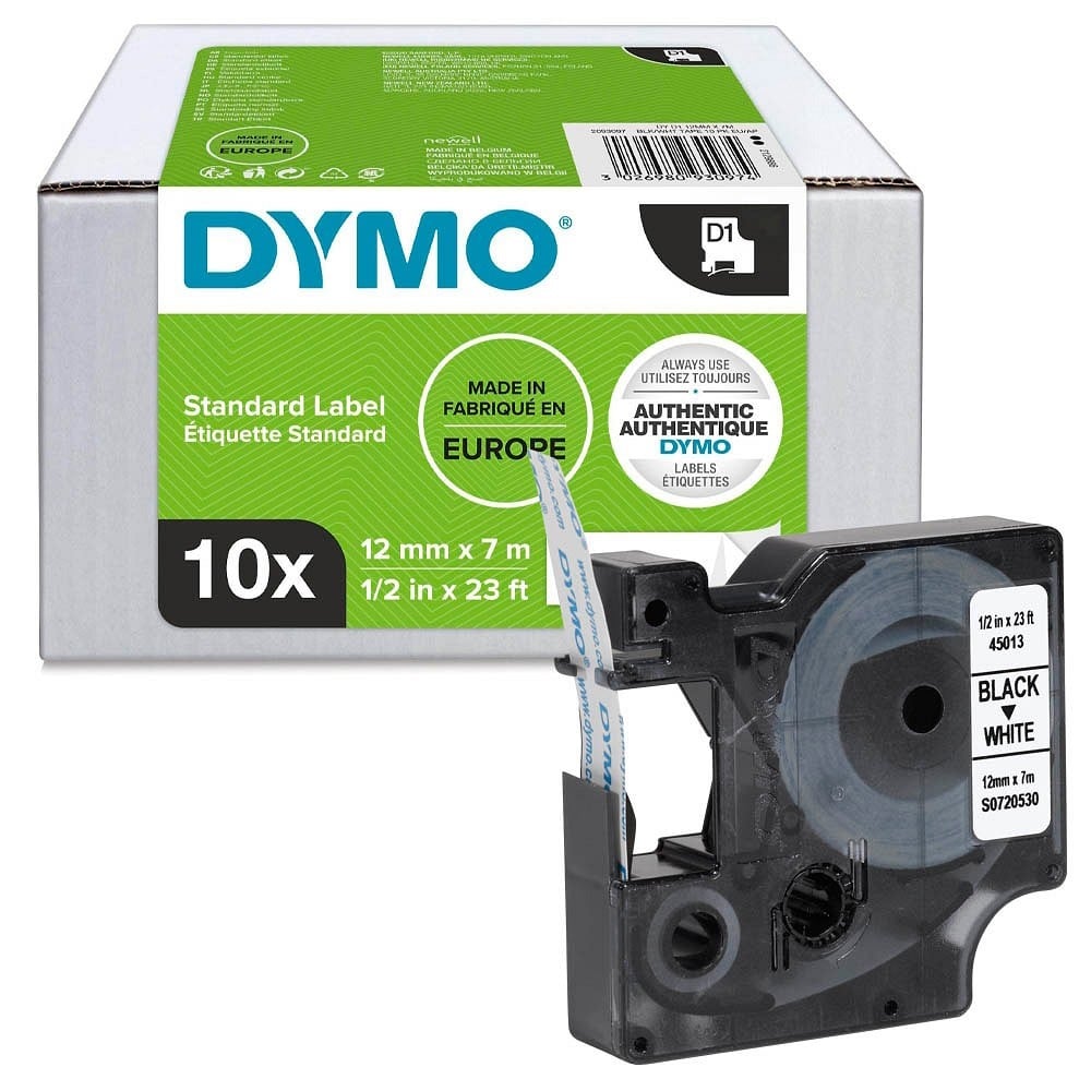 Dymo D1 Label - Black on White - 12mm x 7m - S0720530 / SD45013 10 PACK Dymo D1 Label - Black on White - 12mm x 7m - S0720530 / SD45013 10 PACK
