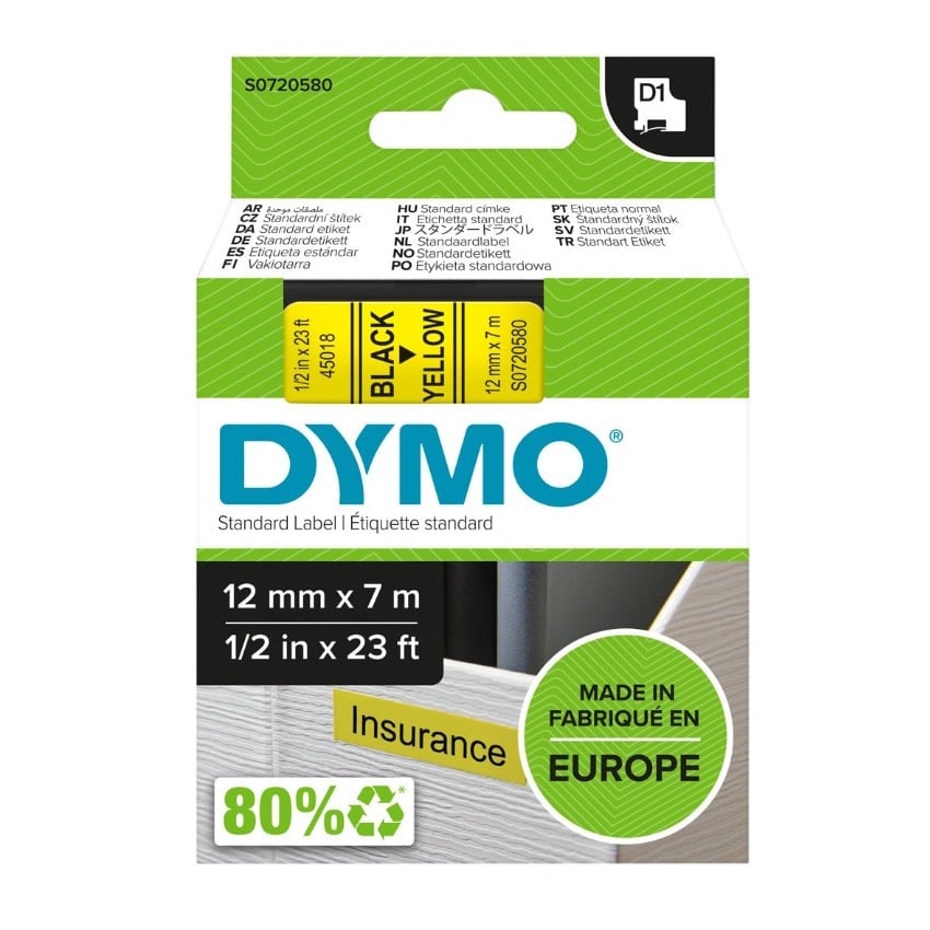 Dymo D1 Label - Black on Yellow - 12mm x 7m - S0720580 / SD45018