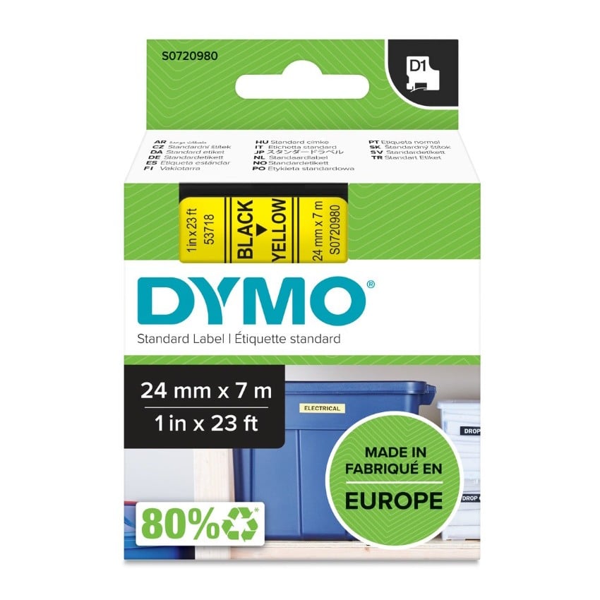 Dymo D1 Label - Black on Yellow - 24mm x 7m - S0720980 / SD53718